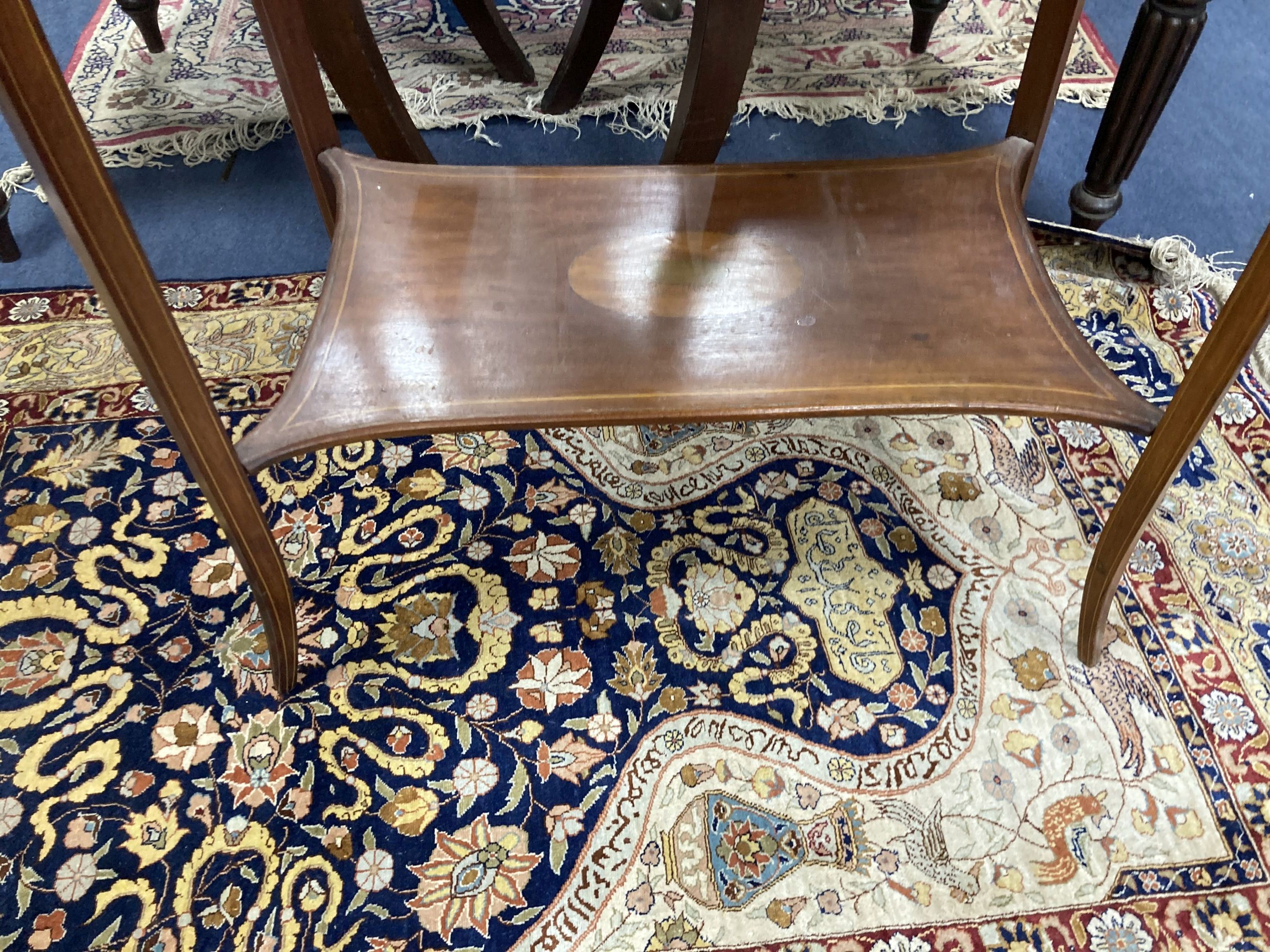 An Edwardian satinwood inlaid mahogany two tier occasional table, in Sheraton style, width 64cm, depth 40cm, height 74cm